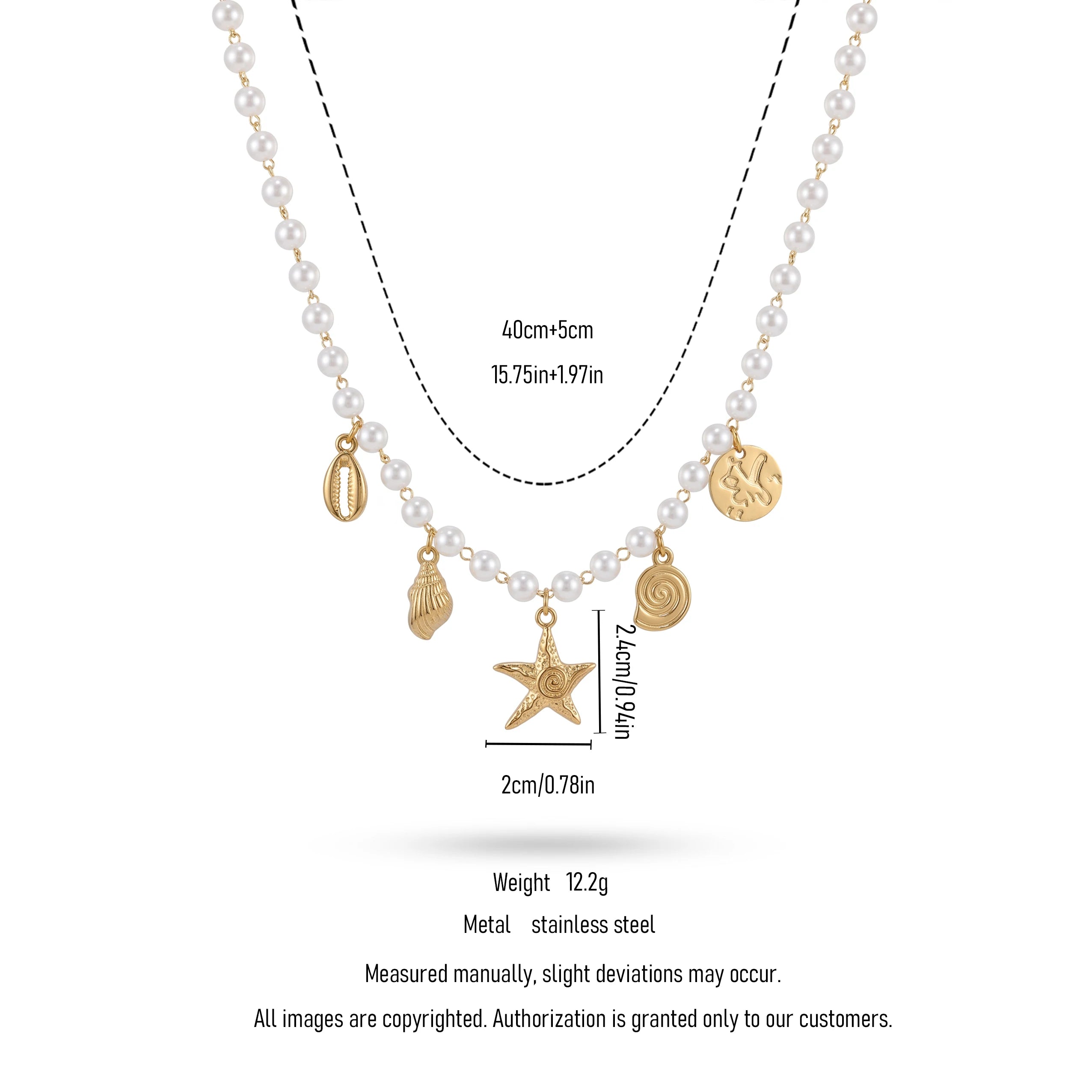 QIAOREN 11293 18K Gold Plated Pearl Choker Necklace With Ocean Charms Stainless Steel Tarnish Free Waterproof Jewelry
