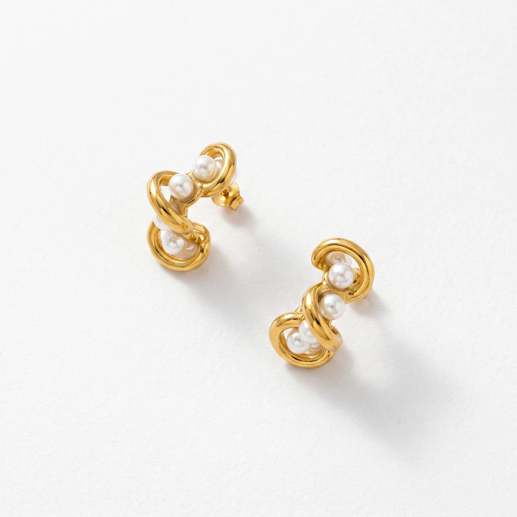 QIAOREN 12513  Twisted Pearl Hoop Earrings Gold Stainless Steel Spiral Entwined C Studs Statement Jewelry Women US