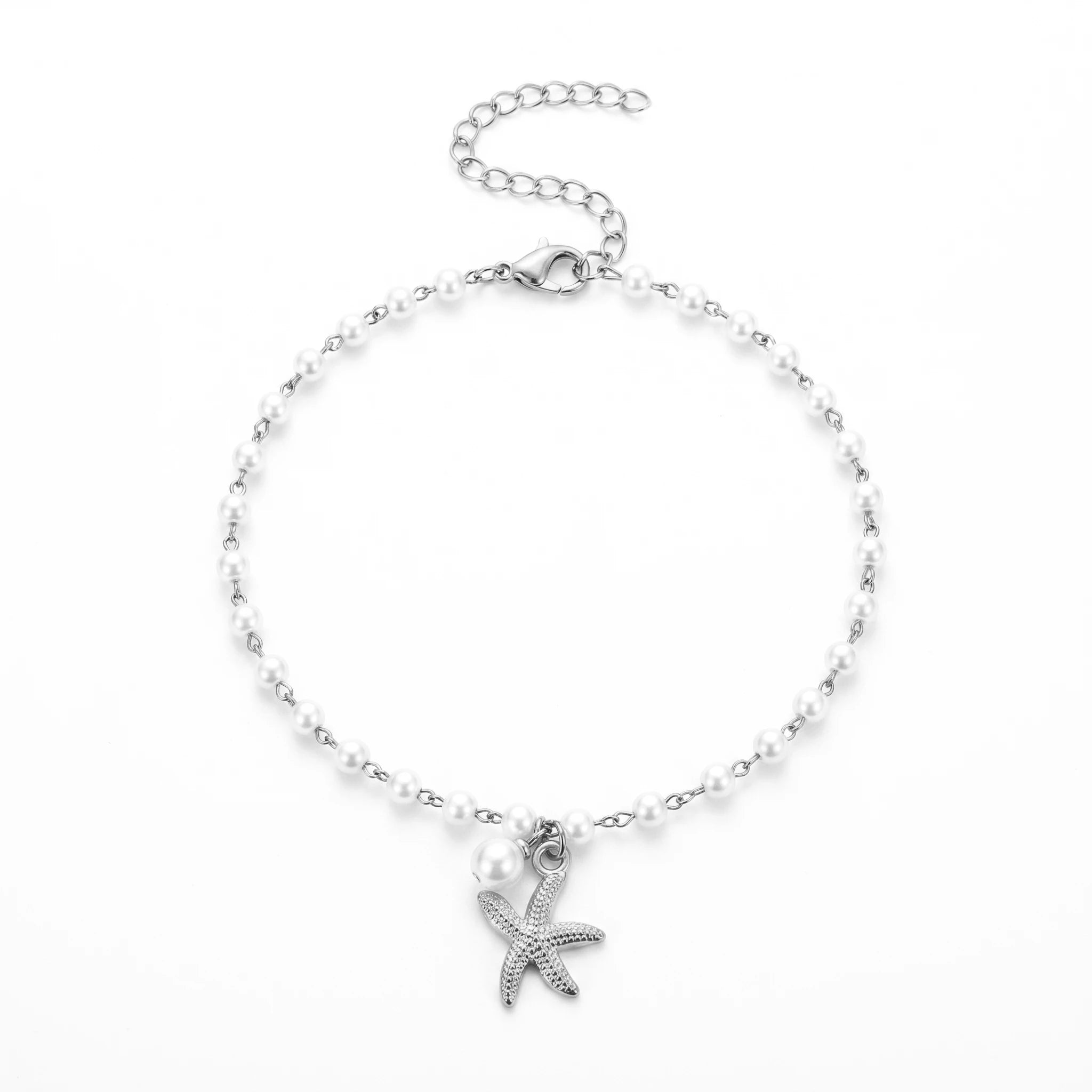 QIAOREN 11047 Chic Coastal Pearl Anklet with Gold Starfish Pendant Waterproof Vacation Jewelry for Women