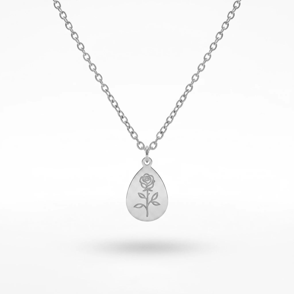 QIAOREN 11327 18K Gold Plated Teardrop Rose Engraved Pendant Necklace Stainless Steel Tarnish Free Waterproof Jewelry