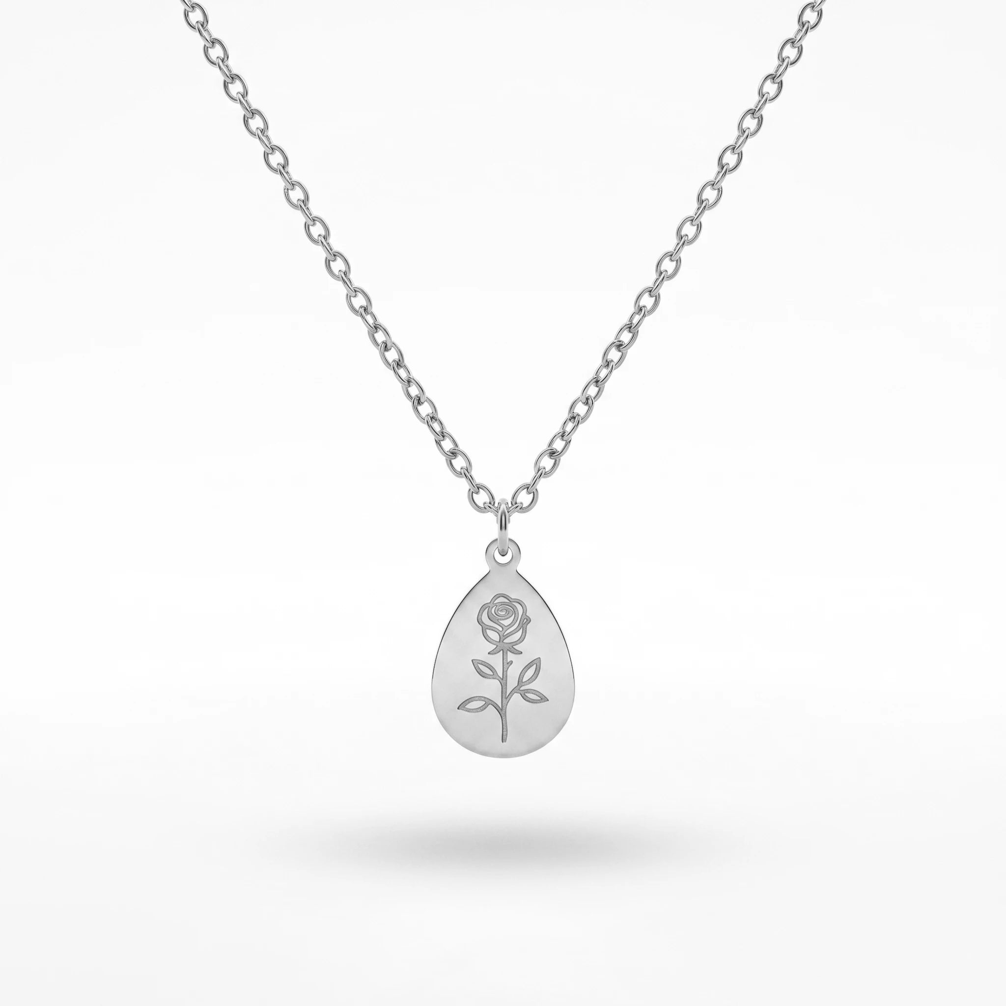 QIAOREN 11327 18K Gold Plated Teardrop Rose Engraved Pendant Necklace Stainless Steel Tarnish Free Waterproof Jewelry