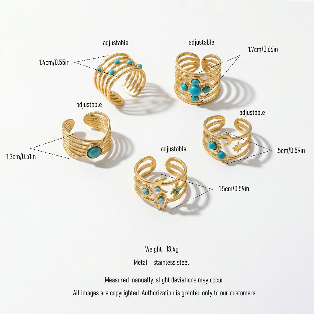 QIAOREN 5Pcs Gold Stainless Steel Turquoise Open Ring Set Irregular Hammered Crown Adjustable Boho Stackable Rings
