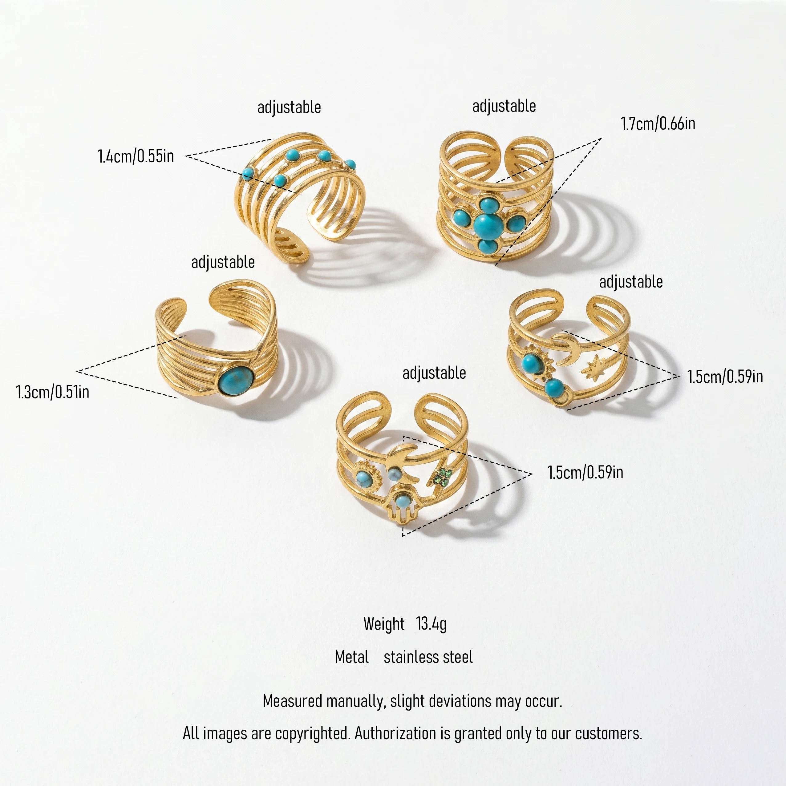 QIAOREN 5Pcs Gold Stainless Steel Turquoise Open Ring Set Irregular Hammered Crown Adjustable Boho Stackable Rings