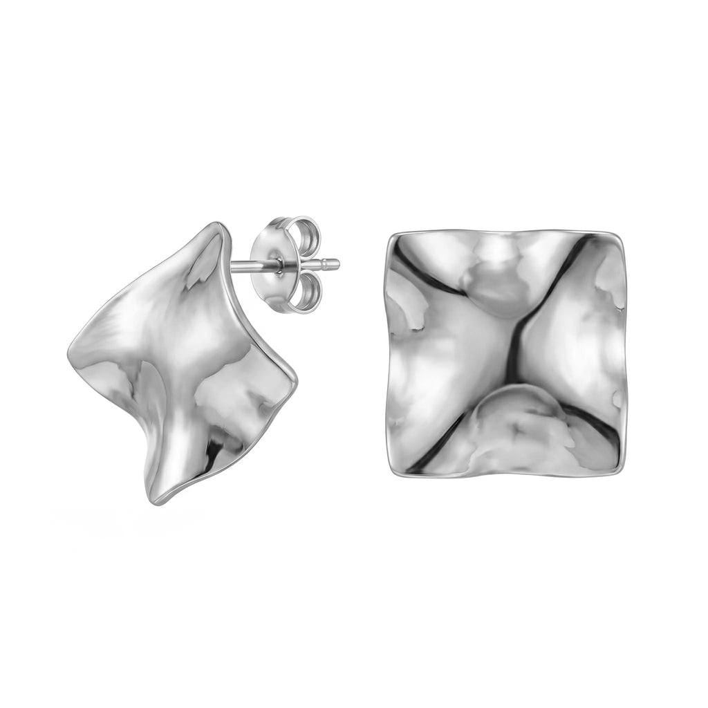 QIAOREN 10947 Minimalist Textured Square Studs, High Polished Stainless Steel Contemporary Fashion Jewelry