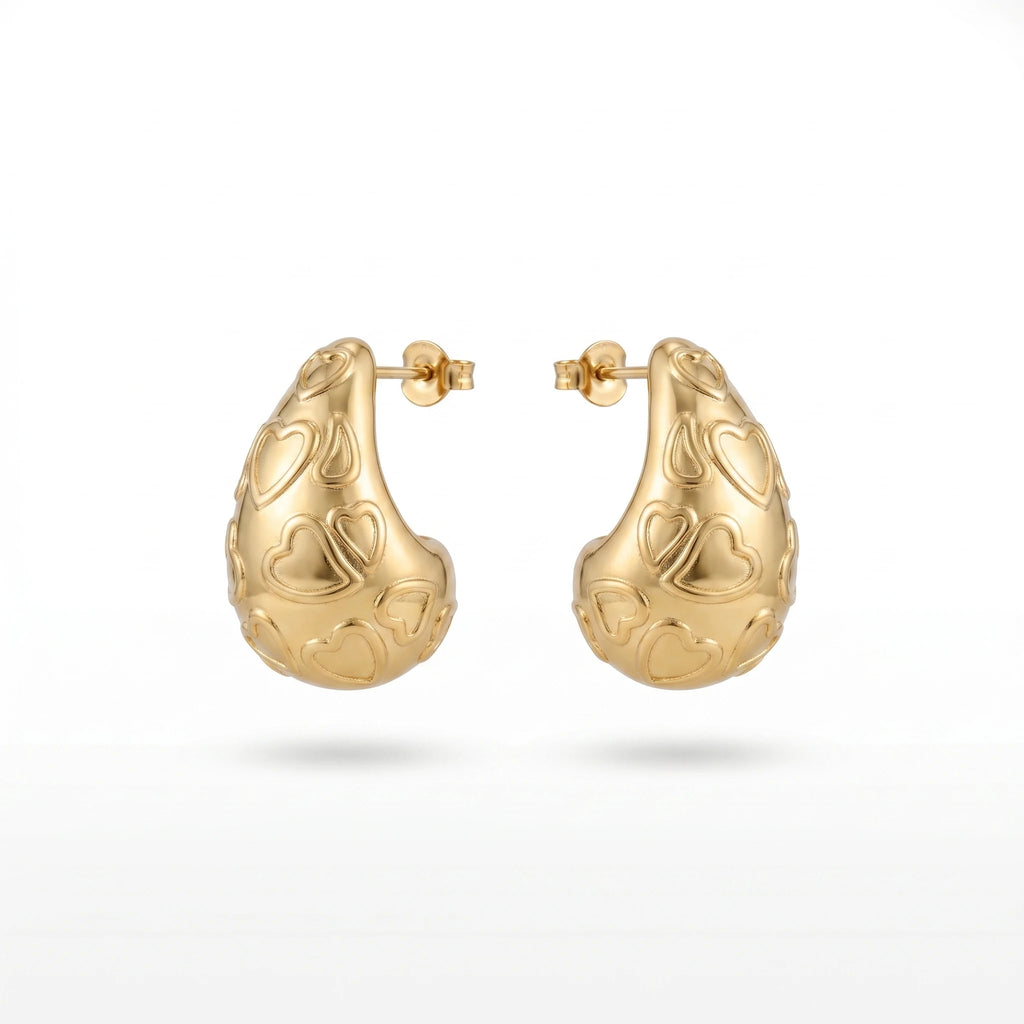QIAOREN 12270 Elegant Carved Heart Puffy Teardrop Earrings Gold Stainless Steel Sweet Romantic Waterdrop Statement Gift Women