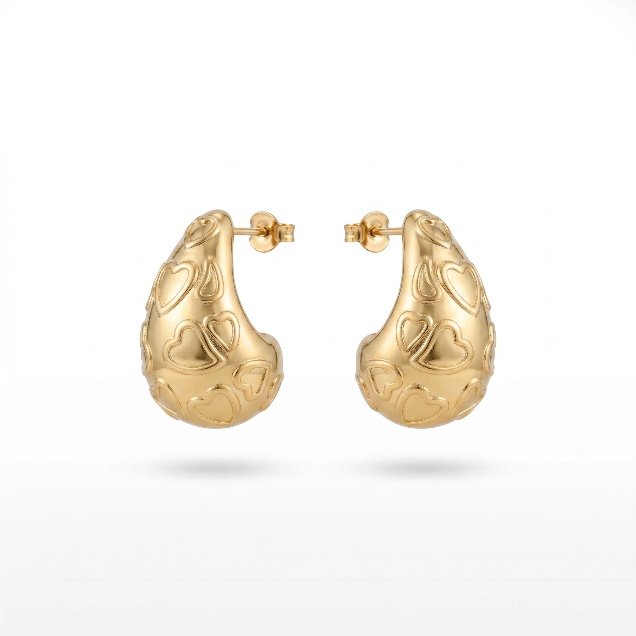 QIAOREN 12270 Elegant Carved Heart Puffy Teardrop Earrings Gold Stainless Steel Sweet Romantic Waterdrop Statement Gift Women