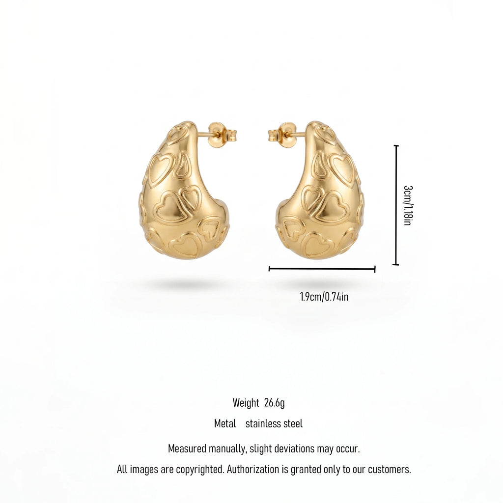 QIAOREN 12270 Elegant Carved Heart Puffy Teardrop Earrings Gold Stainless Steel Sweet Romantic Waterdrop Statement Gift Women
