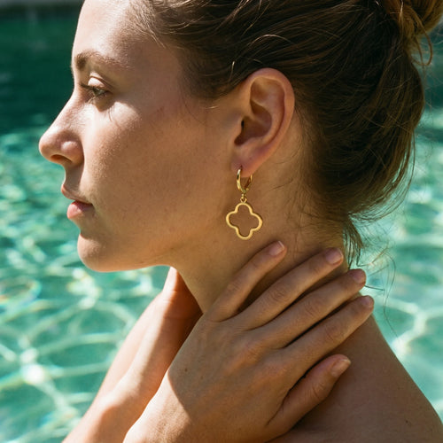 QIAOREN 10849 Waterproof Stainless Steel Clover Huggie Earrings, Gold Plated Hypoallergenic Floral Statement Jewelry