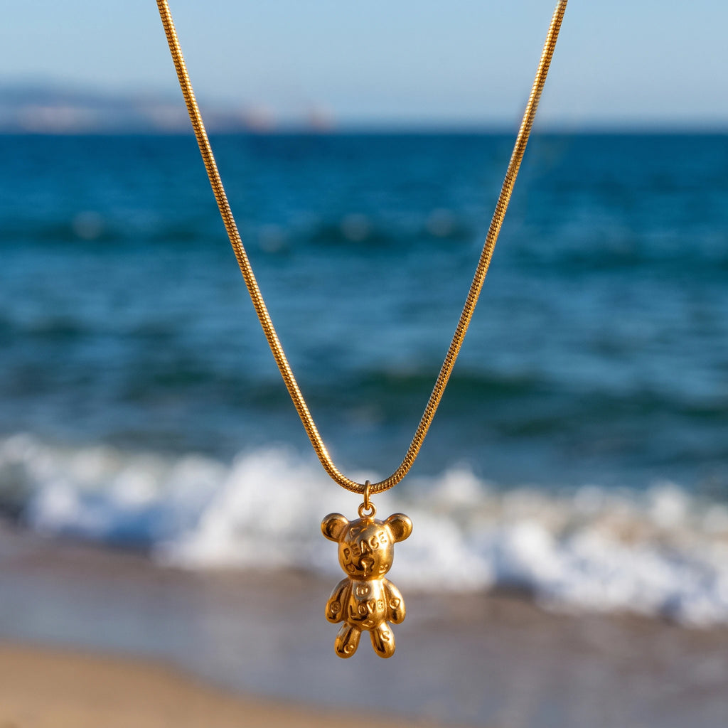 QIAOREN 14377 Peace Love Engraved Teddy Bear Pendant Snake Chain Necklace, Stainless Steel Necklace Jewelry Gift
