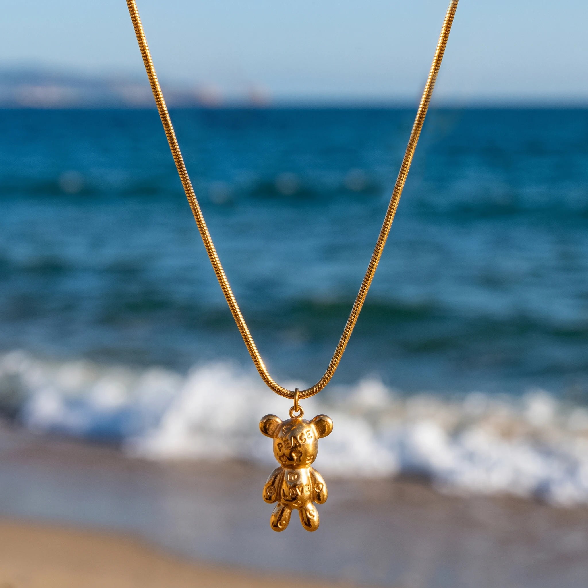 QIAOREN 14377 Peace Love Engraved Teddy Bear Pendant Snake Chain Necklace, Stainless Steel Necklace Jewelry Gift
