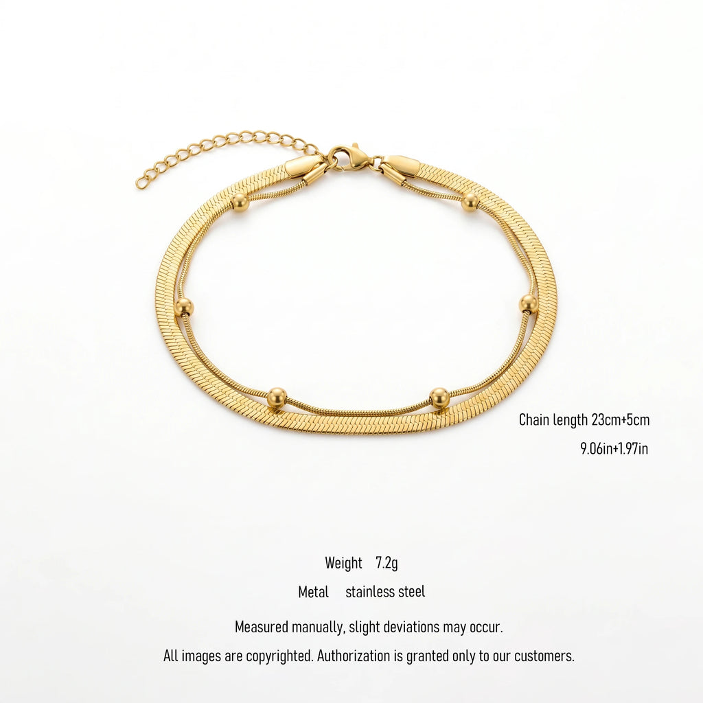 QIAOREN 11043 Double Layer Gold Anklet Stainless Steel Waterproof Snake Chain Beach Foot Jewelry for Women