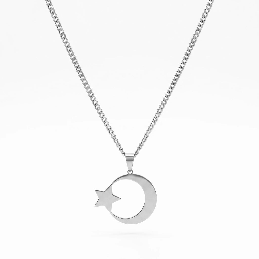 QIAOREN 11955  Stainless Steel Crescent Moon Star Pendant Necklace  Waterproof Cuban Link Chain