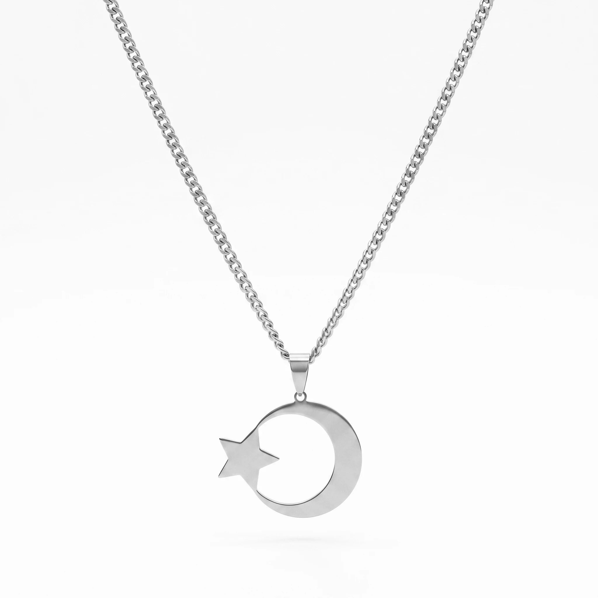 QIAOREN 11955  Stainless Steel Crescent Moon Star Pendant Necklace  Waterproof Cuban Link Chain