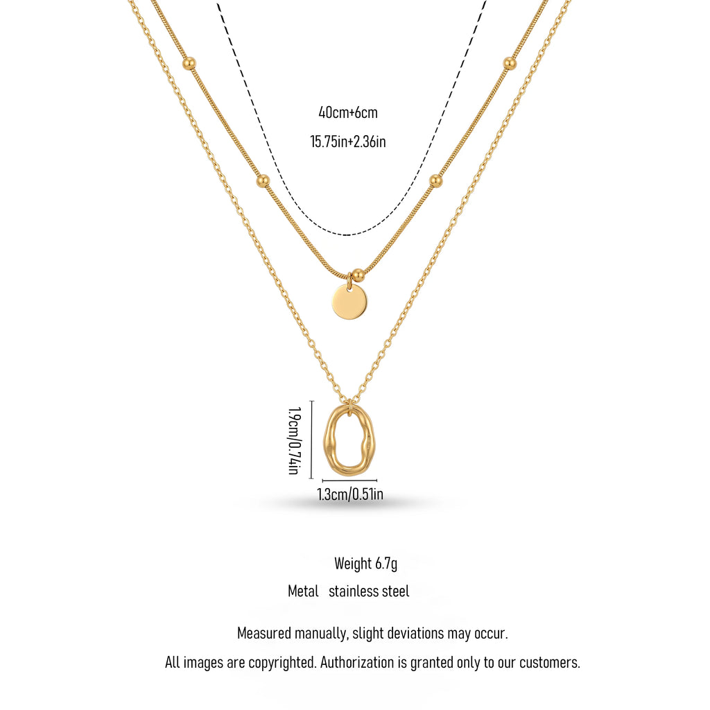 QIAOREN 13812 Double Layer Stacked Pendant Necklace with Beaded Snake Chain & Smooth Disc Charm, Outer Oval Link Chain