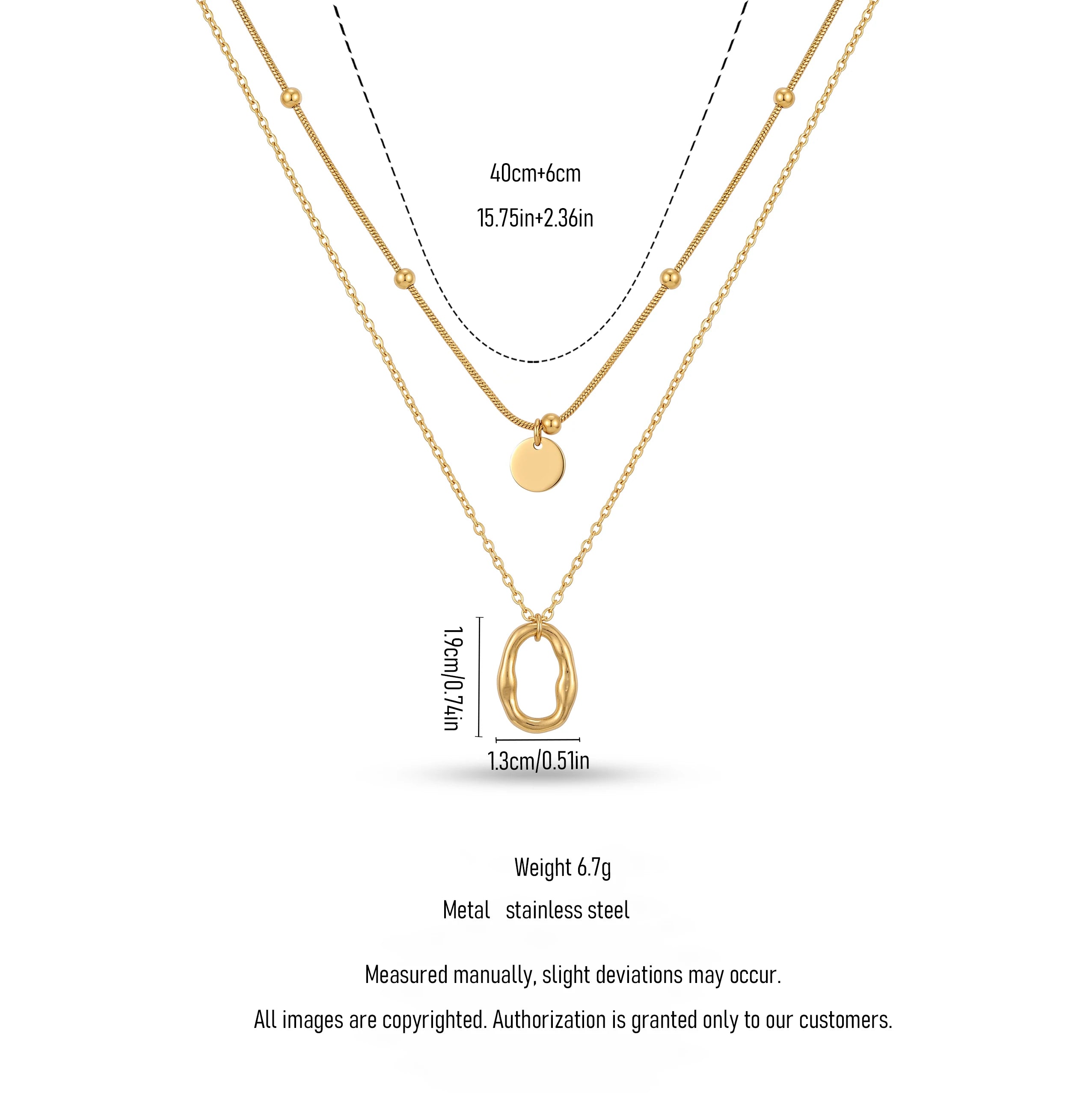 QIAOREN 13812 Double Layer Stacked Pendant Necklace with Beaded Snake Chain & Smooth Disc Charm, Outer Oval Link Chain