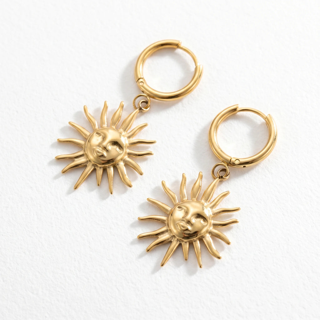 QIAOREN 10969 High Quality Sun Charm Drop Hoops, Stainless Steel 18K Gold Plated Tarnish Resistant Fashion Earrings