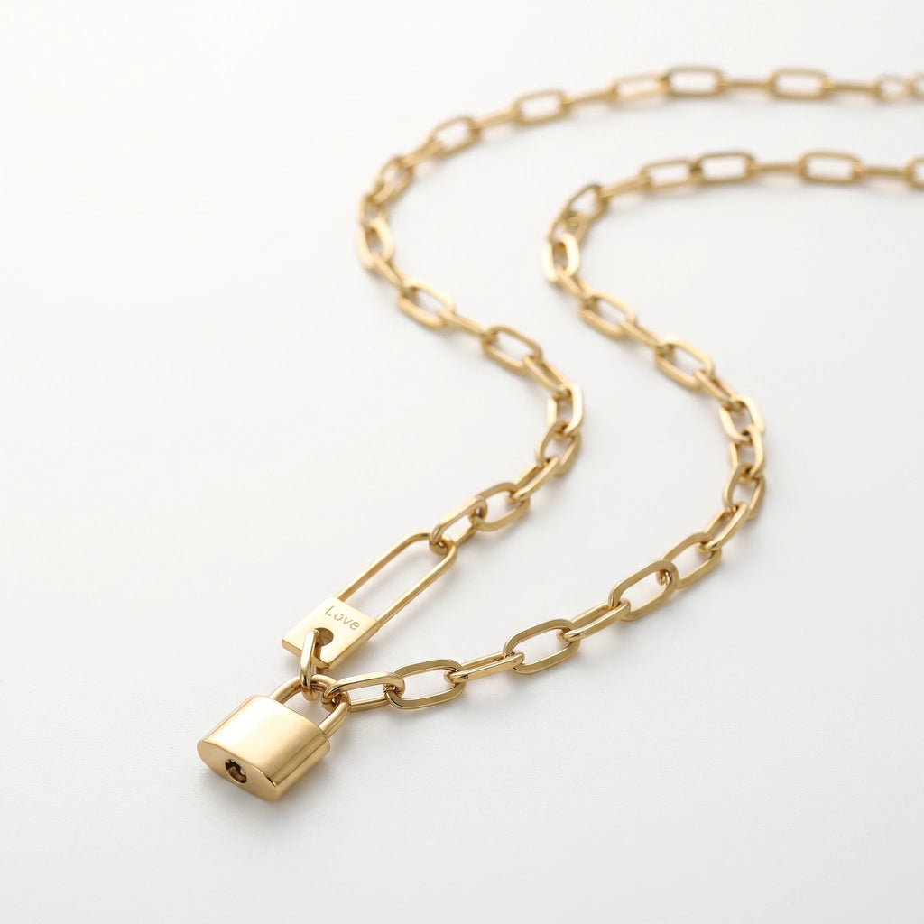 QIAOREN 13567 Gold Stainless Steel Paperclip Chain Necklace with Lock Pendant Minimalist Padlock Jewelry Fashion Gift for Women