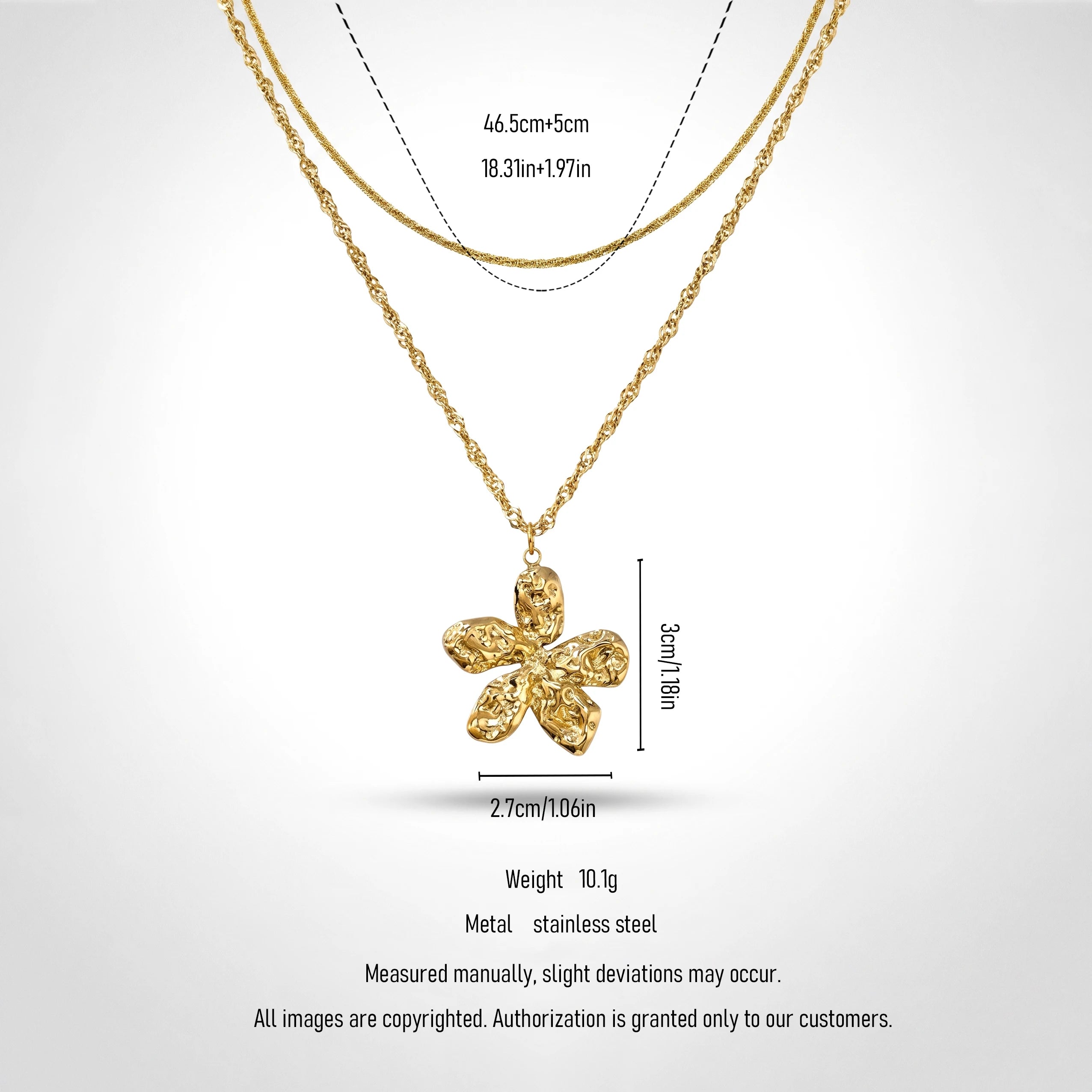 QIAOREN 11696 Minimalist Hammered Flower Pendant Necklace 18K Stainless Steel Double Layered Twist Chain