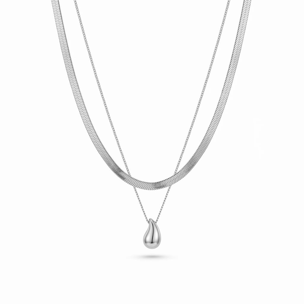 QIOAREN 12882 18K Gold Plated Herringbone Snake Chain Layered Necklace, Waterproof Tarnish Free Teardrop Pendant Stainless Steel