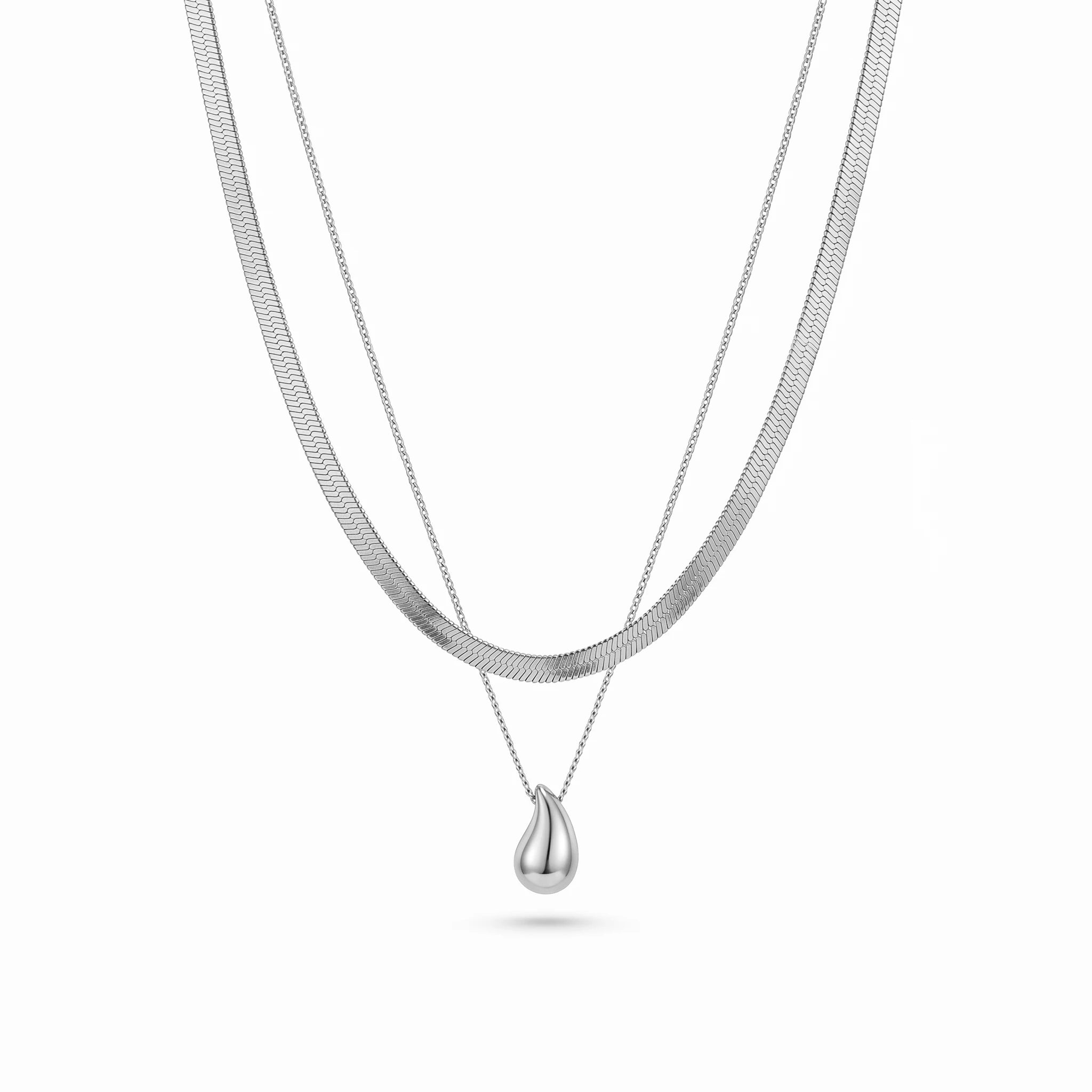 QIOAREN 12882 18K Gold Plated Herringbone Snake Chain Layered Necklace, Waterproof Tarnish Free Teardrop Pendant Stainless Steel