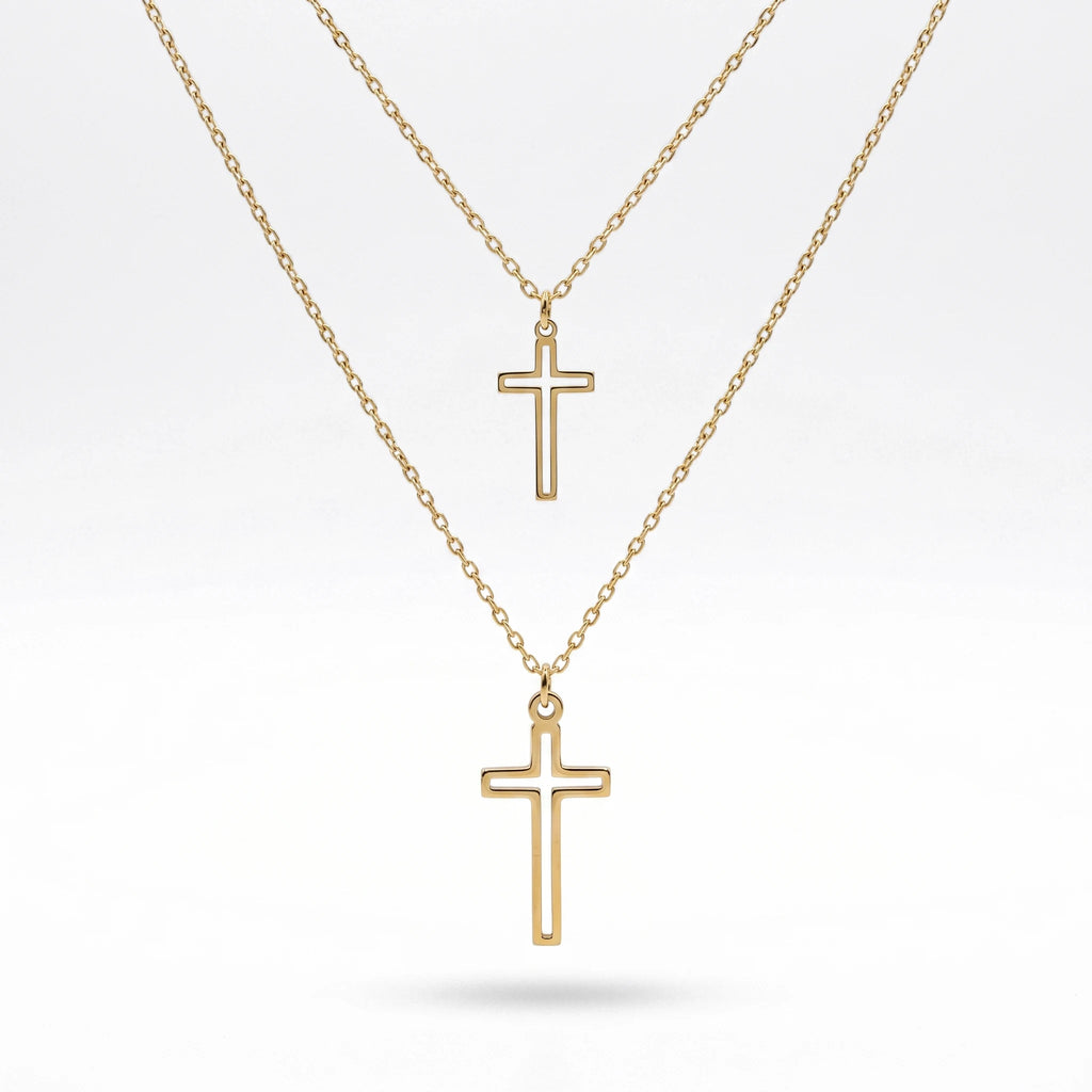 QIAOREN 11973 European Hot Sell Stainless Steel Layered Open Cross Pendant Necklace Cutout Two-Tier Cross Chain Necklaces