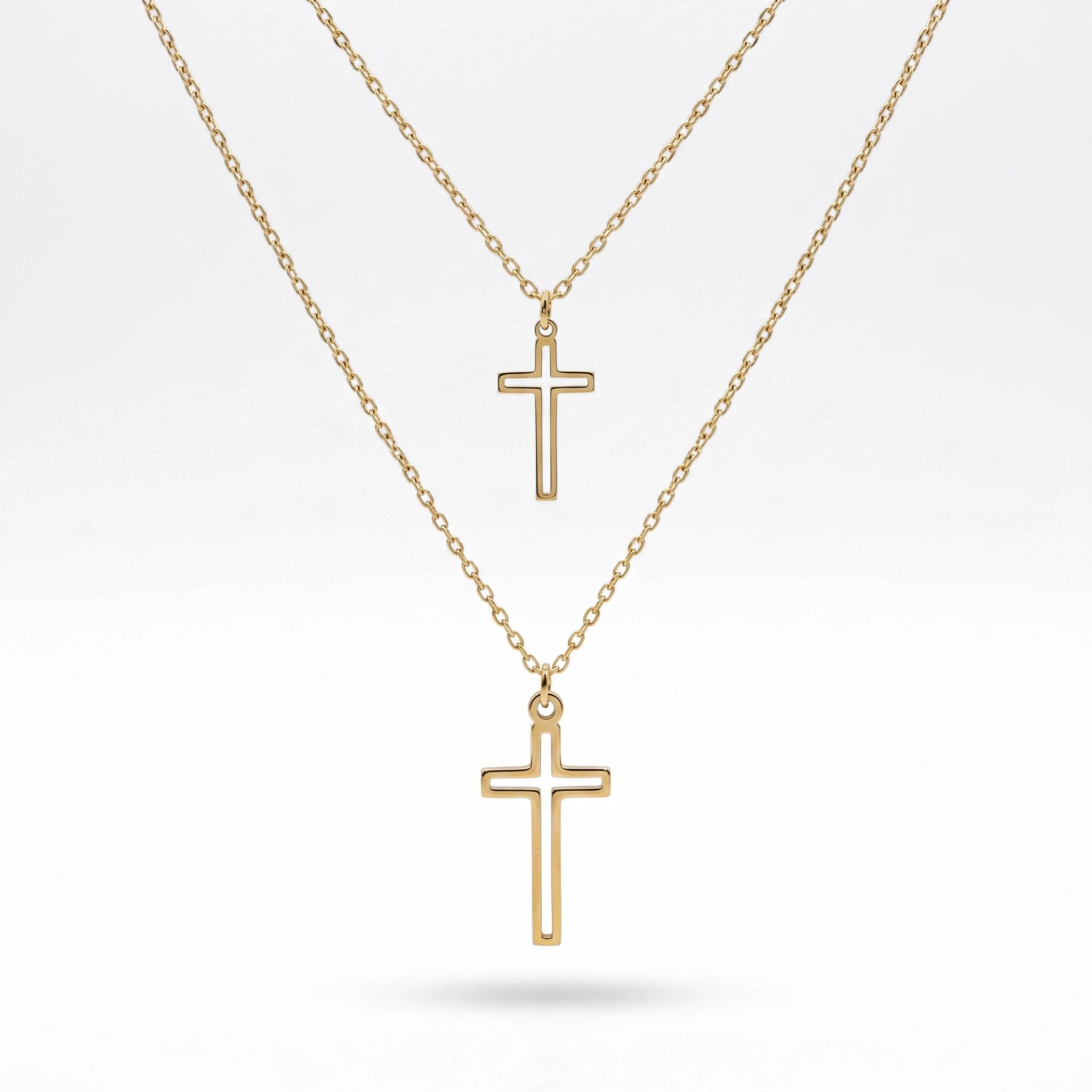 QIAOREN 11973 European Hot Sell Stainless Steel Layered Open Cross Pendant Necklace Cutout Two-Tier Cross Chain Necklaces