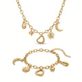 QIAOREN 11685 Boho Beach Sun Moon Shell Charm Jewelry Set 18K Gold Stainless Steel Paperclip Chain Necklace Bracelet