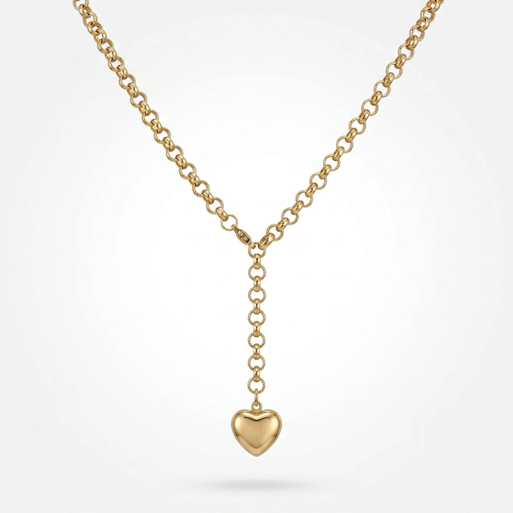 QIAOREN 11343 Stainless Steel Gold Y Drop Heart Pendant Necklace Adjustable Rolo Chain Women Daily Jewelry Gift