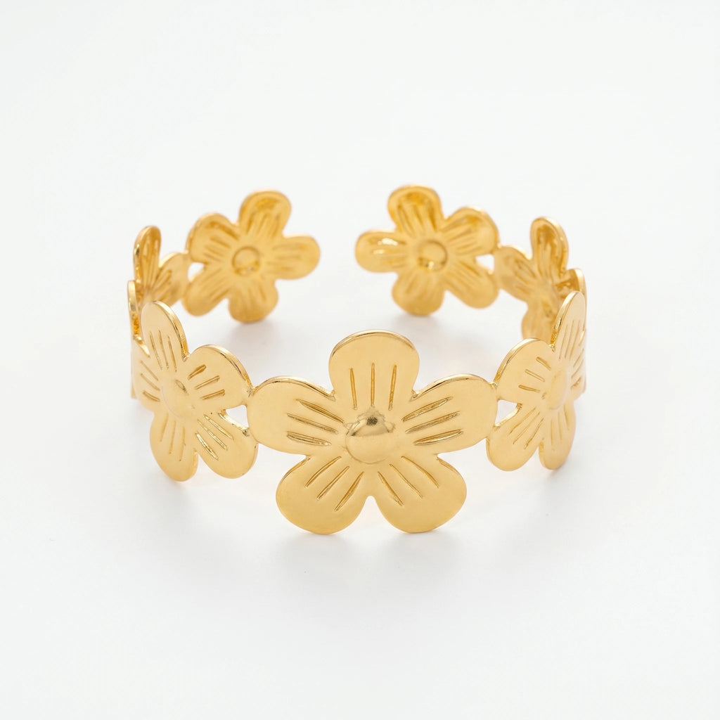 QIAOREN 12709 Sleek Embossed Floral Cluster Adjustable Wide Open Cuff Bracelet Tarnish Free Stainless Steel 18K Gold Lightweight