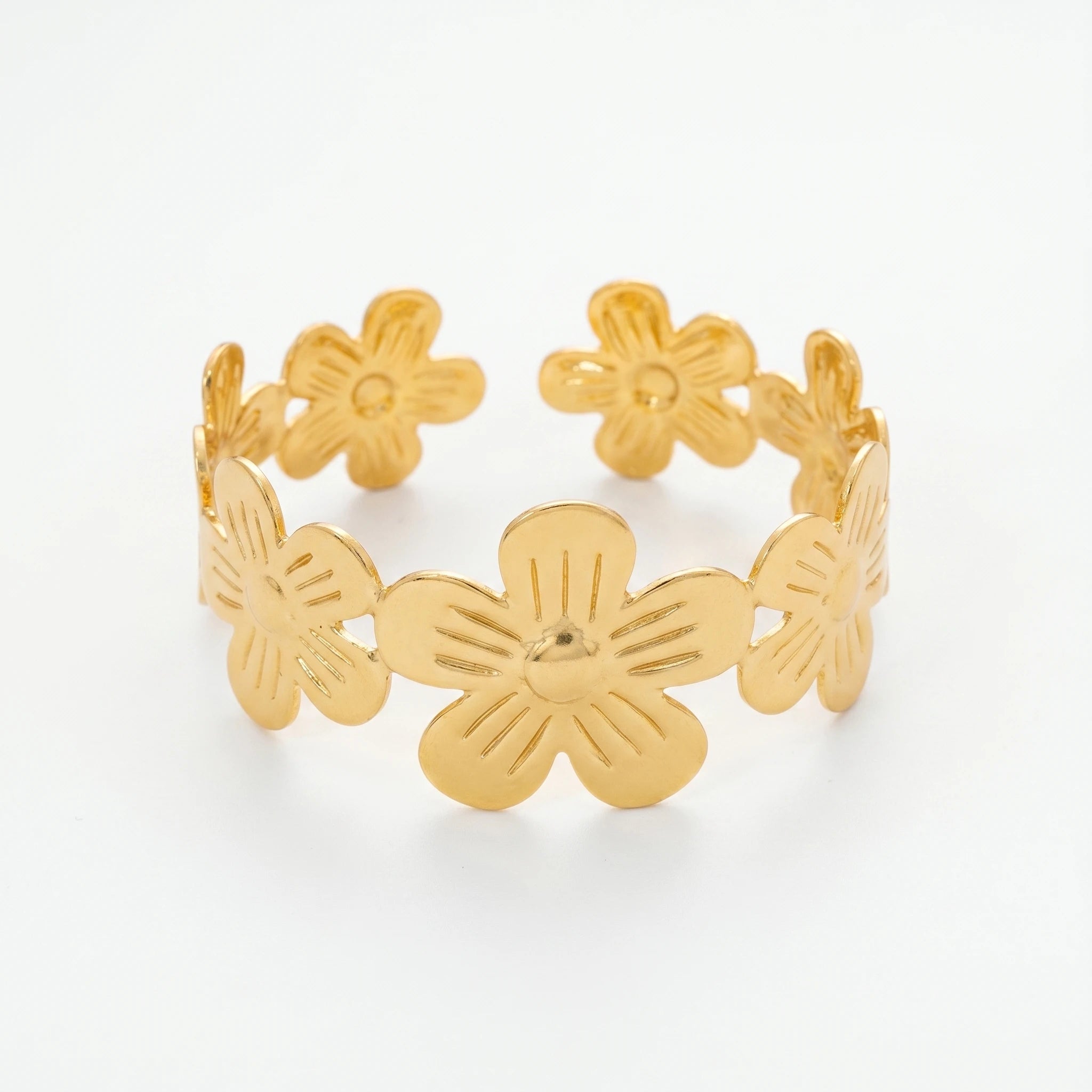 QIAOREN 12709 Sleek Embossed Floral Cluster Adjustable Wide Open Cuff Bracelet Tarnish Free Stainless Steel 18K Gold Lightweight