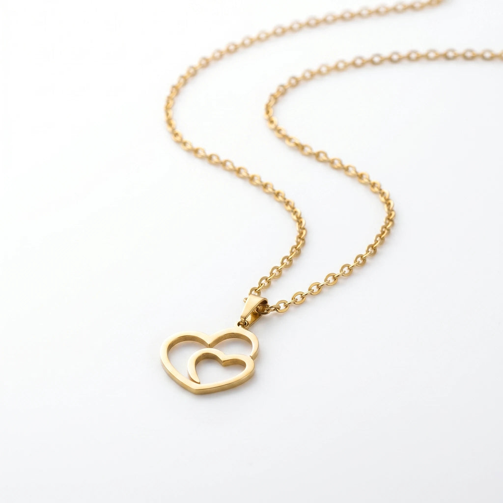 QIAOREN 12876 18K Gold Plated Double Heart Necklace, Waterproof Tarnish Free Stainless Steel Minimalist Interlocking Jewelry