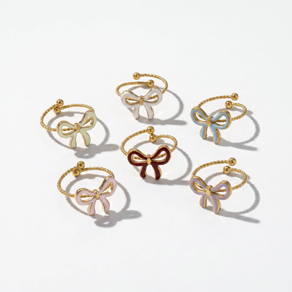 QIAOREN 14184-89 Multicolor Enamel Bow Twist Band Ring, Adjustable Bowknot Open Ring Jewelry Gift for Daily Fashion Outfits