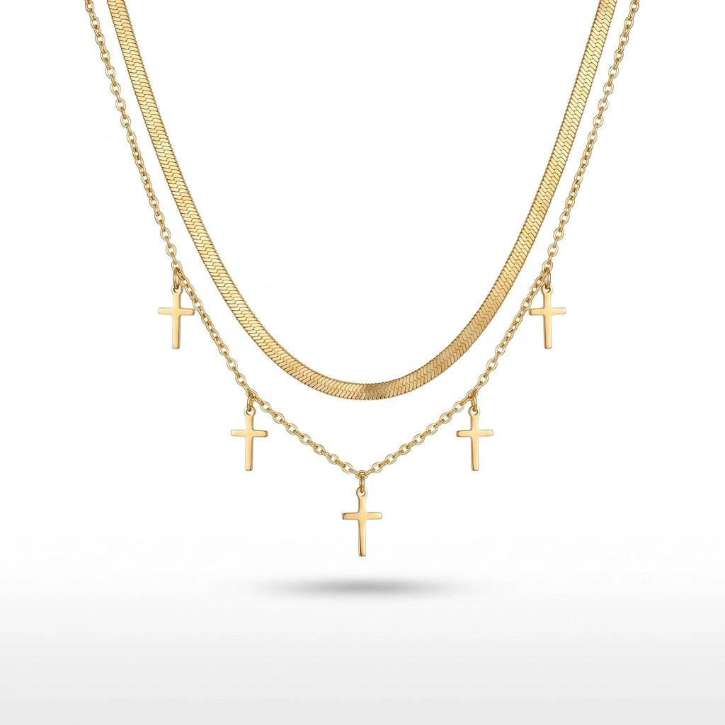 QIAOREN 11901 Women's 18K Gold Plated Stainless Steel Anti-Tarnish Double Layer Herringbone Chain Trendy Party Multiple Necklace