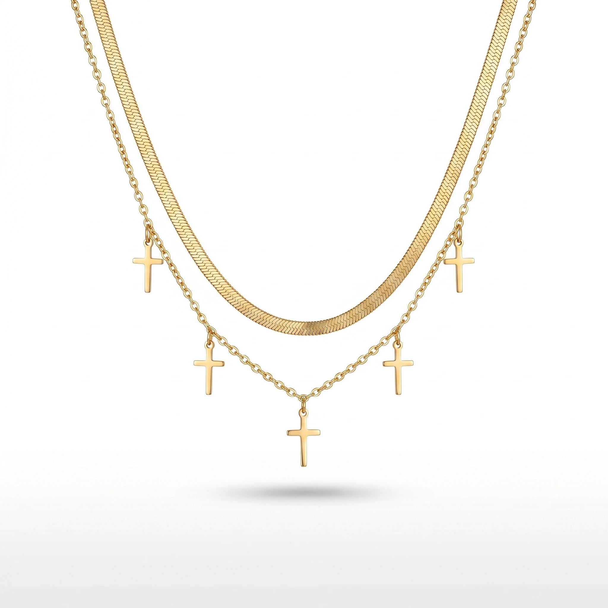 QIAOREN 11901 Women's 18K Gold Plated Stainless Steel Anti-Tarnish Double Layer Herringbone Chain Trendy Party Multiple Necklace