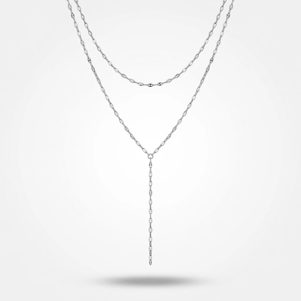 QIAOREN 11289 18K Gold Plated Double Layer Y Lariat Necklace Sparkle Oval Link Chain Stainless Steel Tarnish Free Waterproof