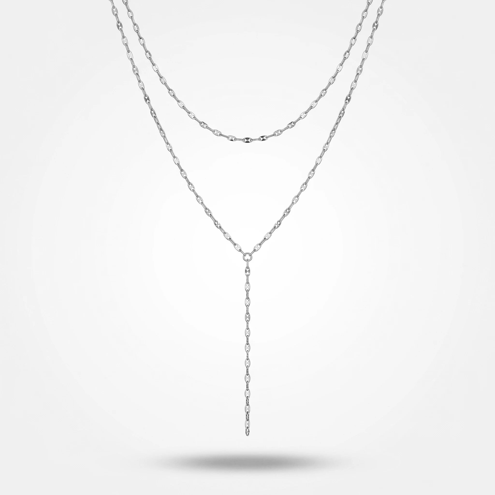 QIAOREN 11289 18K Gold Plated Double Layer Y Lariat Necklace Sparkle Oval Link Chain Stainless Steel Tarnish Free Waterproof
