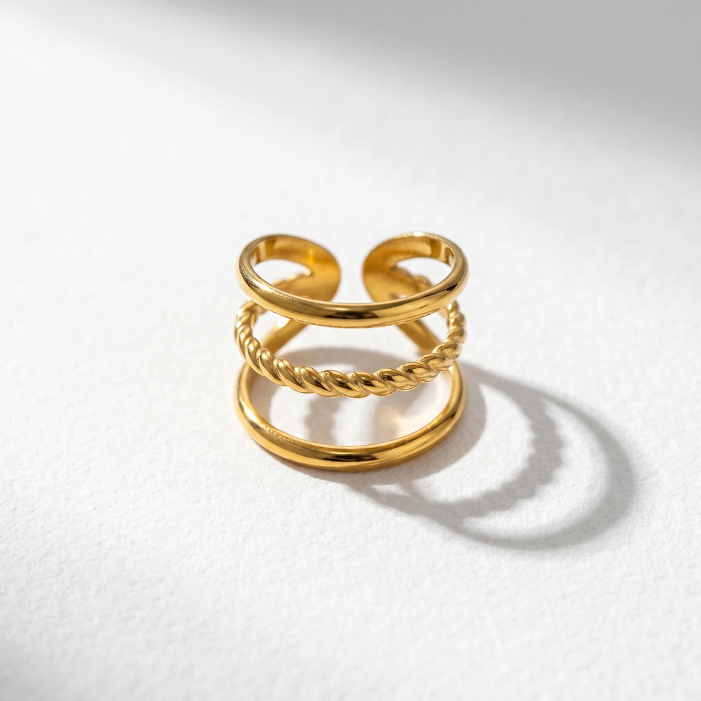 QIAOREN 13111-15 5Pcs 18K Gold Plated Stainless Steel Open Ring Set, Adjustable Stackable Durable Finger Rings