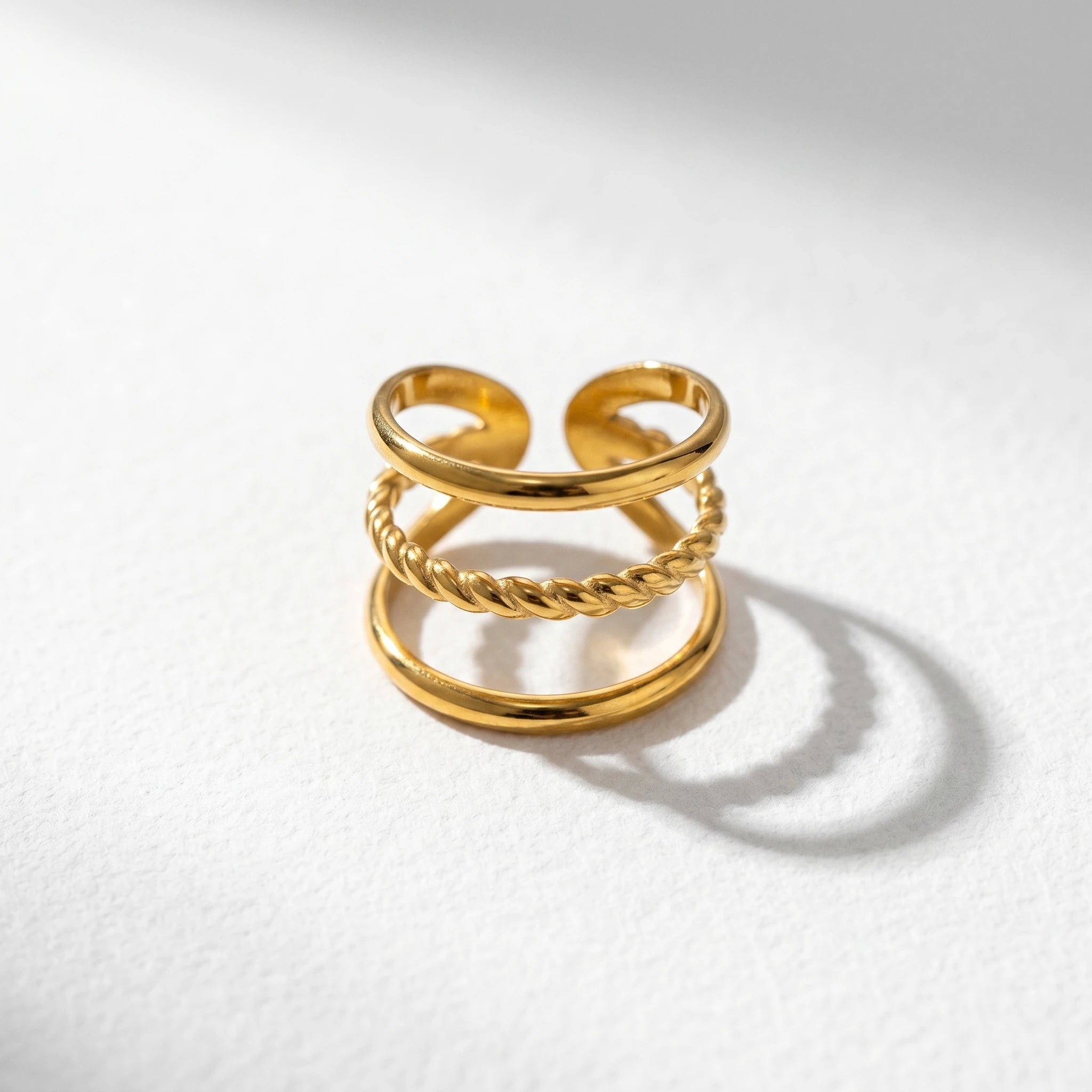 QIAOREN 13111-15 5Pcs 18K Gold Plated Stainless Steel Open Ring Set, Adjustable Stackable Durable Finger Rings
