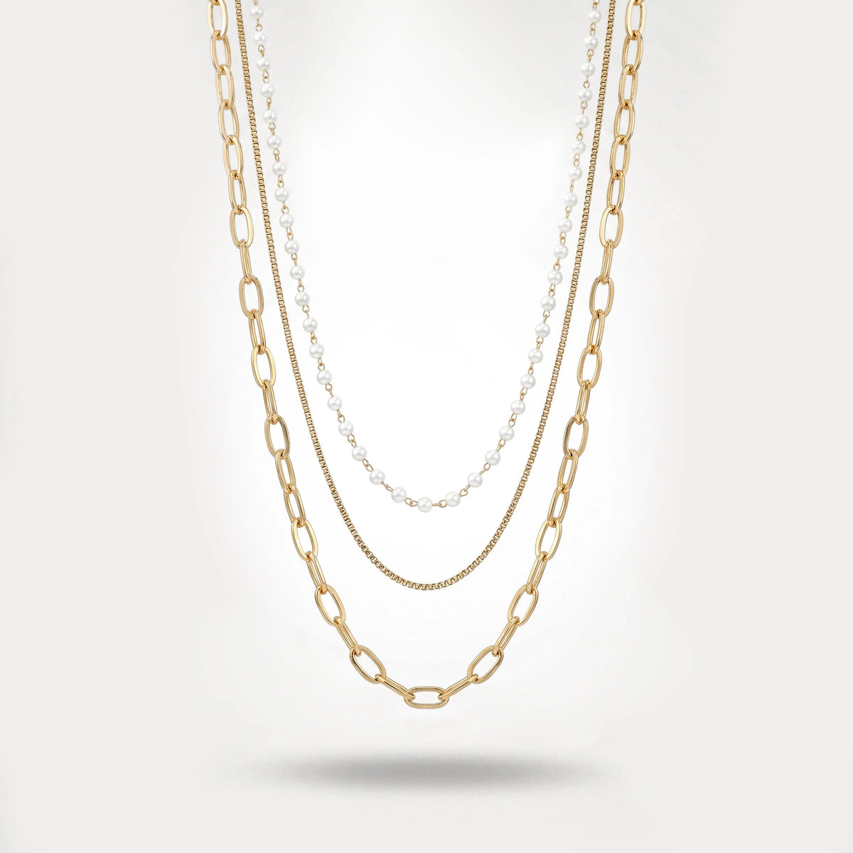 QIAOREN 11353 18K Gold Plated 3 Layered Pearl & Paperclip Chain Necklace Stainless Steel Tarnish Free