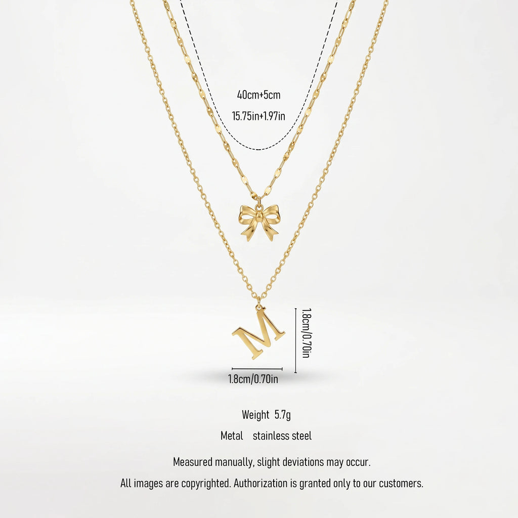 QIAOREN A-Z 26 Letter Bow Initial Necklace Stainless Steel Gold Silver Alphabet Pendant Custom Jewelry