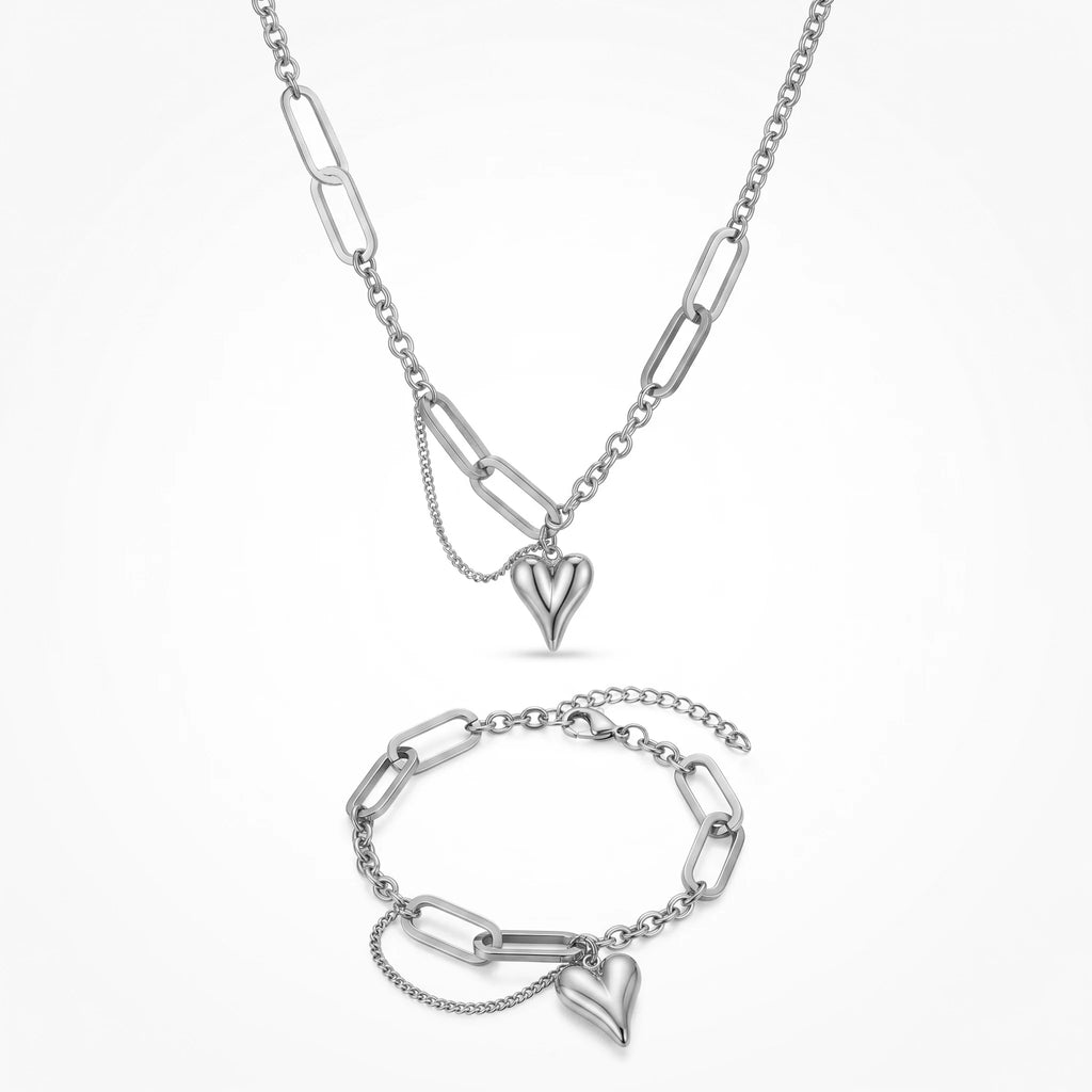QIAOREN 10812 Stainless Steel Paperclip Chain Jewelry Set Heart Pendant Necklace Bracelet Adjustable Gold Women Matching Gift