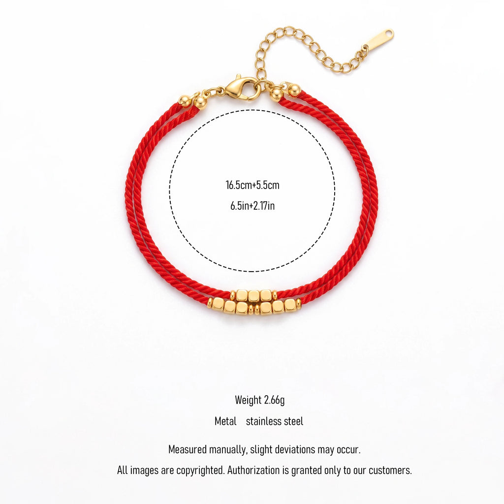 QIAOREN 13305 Lucky Double Red Cord Bracelet Gold Tiny Cube Beads Lobster Clasp Extension Chain Waterproof