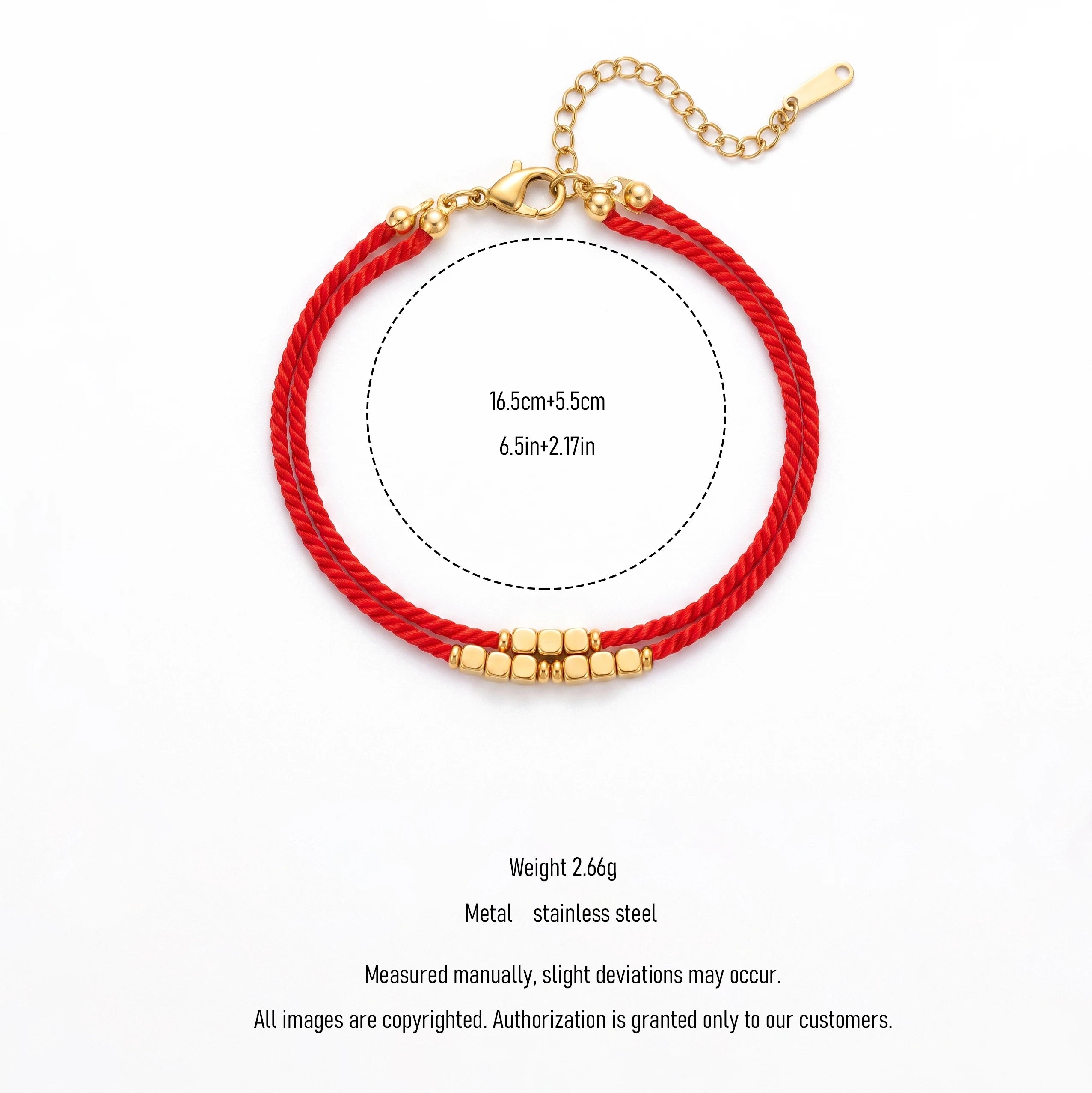 QIAOREN 13305 Lucky Double Red Cord Bracelet Gold Tiny Cube Beads Lobster Clasp Extension Chain Waterproof