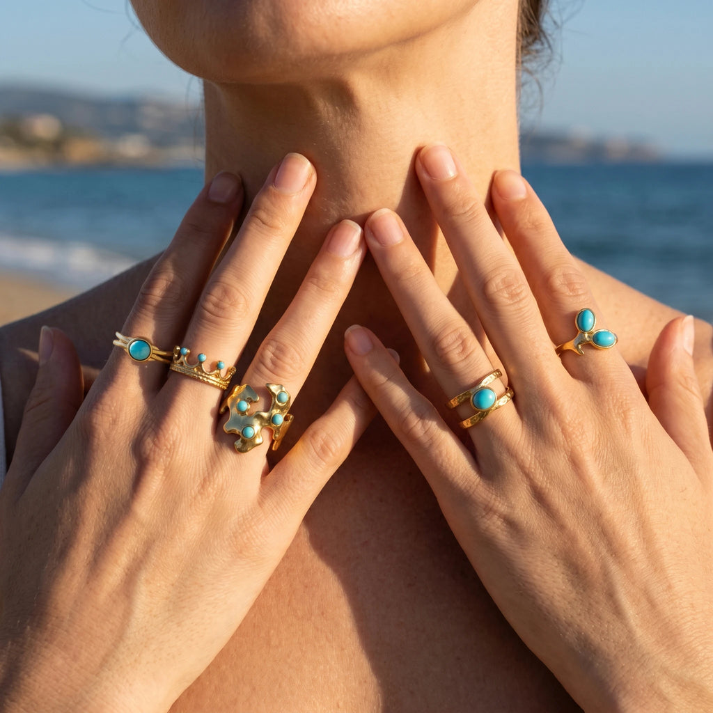 QIAOREN  5Pcs Gold Stainless Steel Turquoise Open Ring Set Irregular Hammered Crown Adjustable Boho Stackable Rings