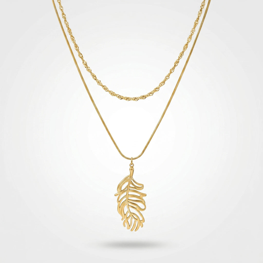 QIAOREN 11928 Elegant Double Layered Stainless Steel Leaf Necklace Gold Snake Twisted Chain  Jewelry Women EU US Hot Sell