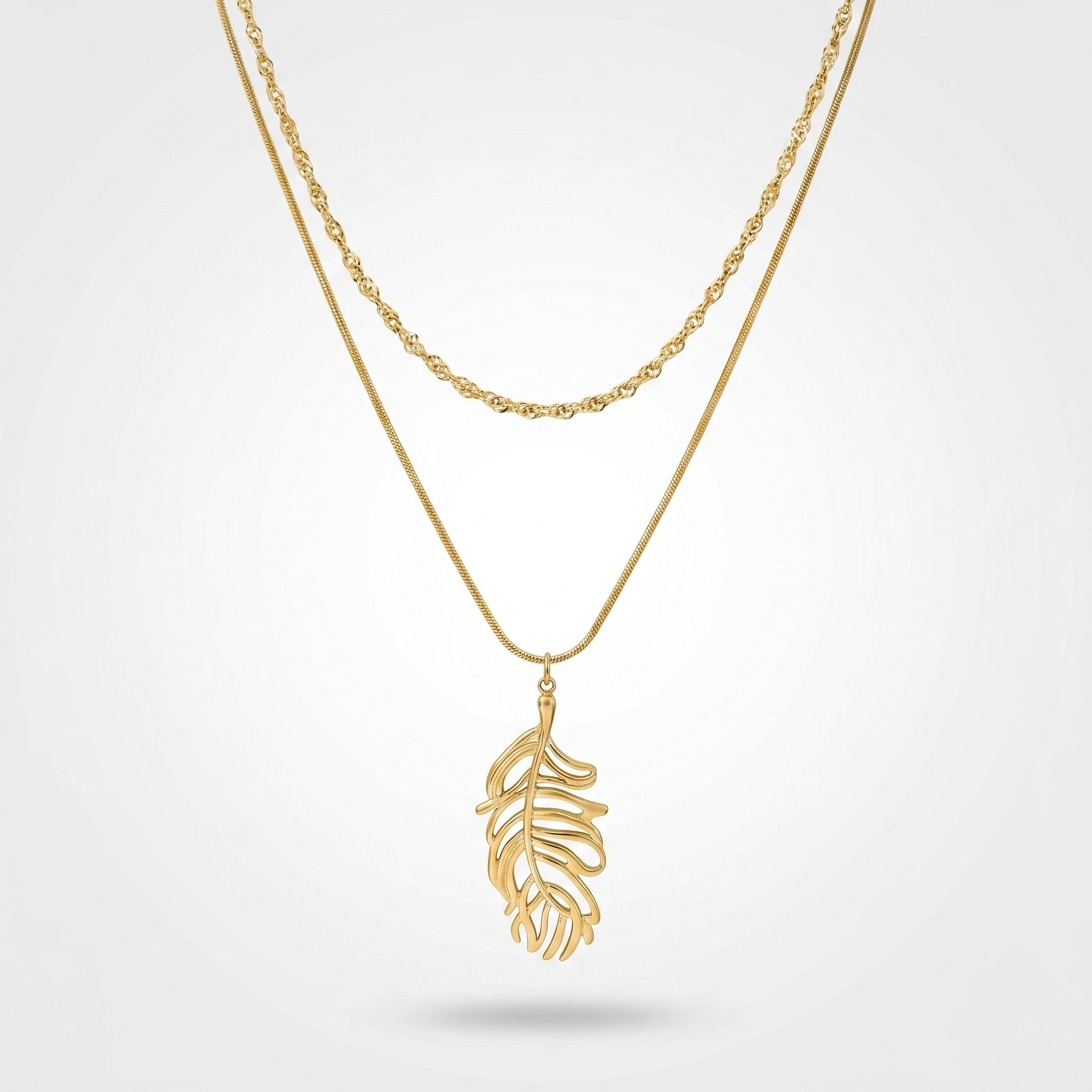 QIAOREN 11928 Elegant Double Layered Stainless Steel Leaf Necklace Gold Snake Twisted Chain  Jewelry Women EU US Hot Sell