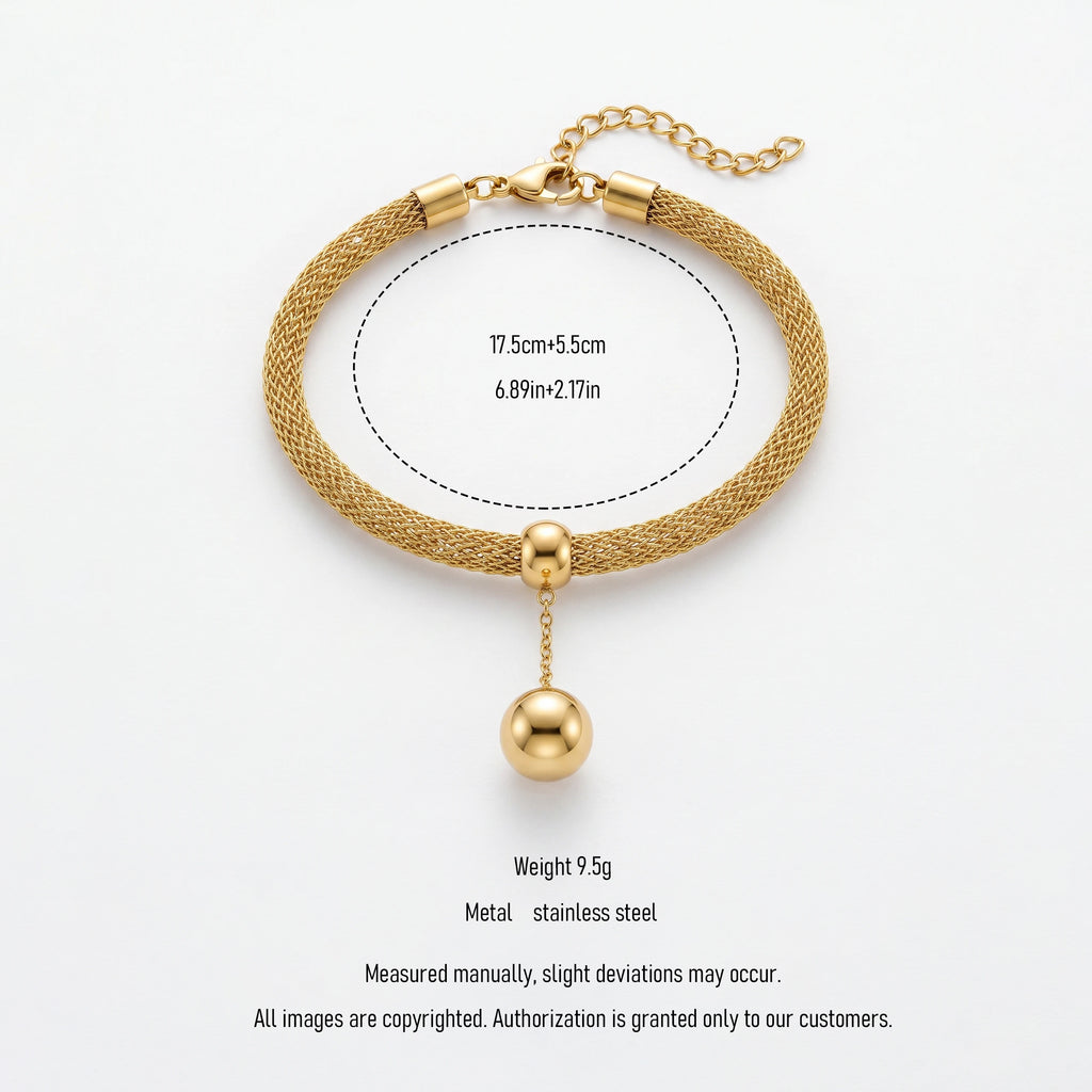 QIAOREN 13292 Gold Plated Stainless Steel Mesh Bracelet Ball Charm Chain Bracelet Minimalist Statement Jewelry for Women