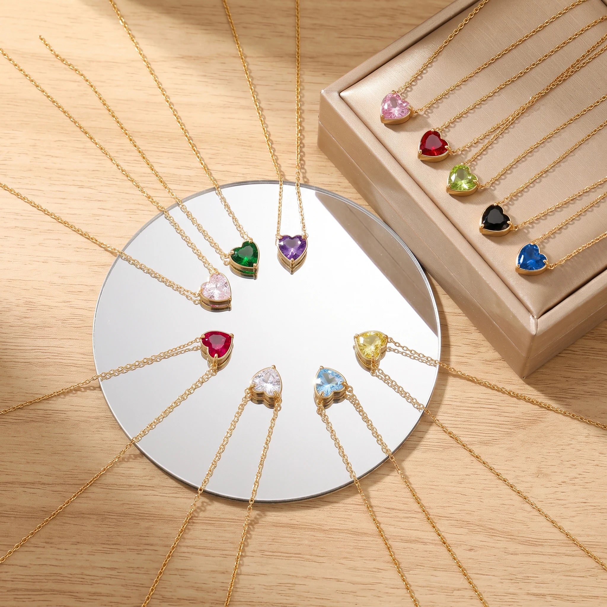 QIAOREN13555-66StainlessSteel 12Birthstone Heart Necklace Colorful Gemstone Pendant Personalized Birthday Jewelry Gift for Women