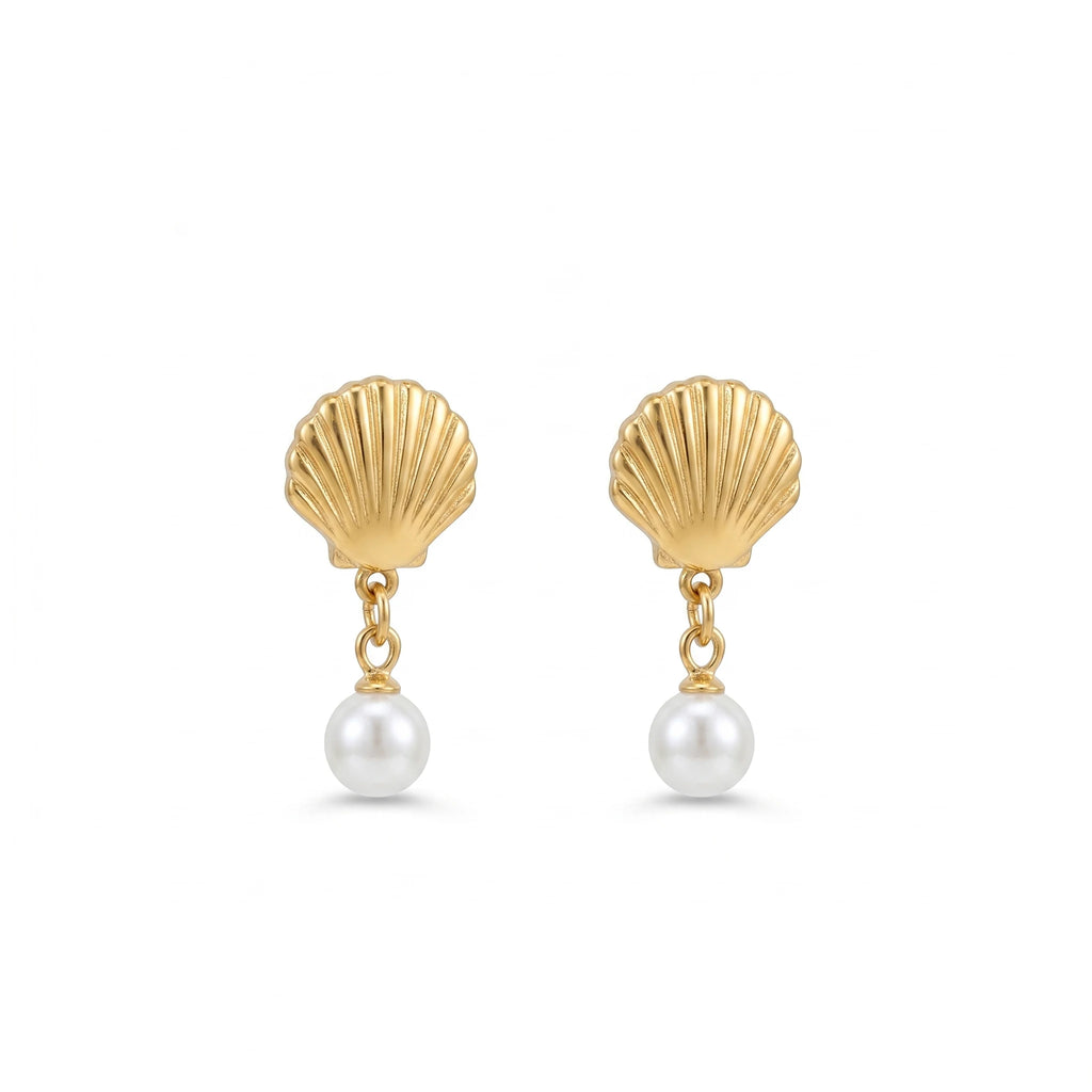 QIAOREN11786 18K Gold Plated Stainless Steel Sea  Earrings with Double Imitation Pearl Tassel Drop