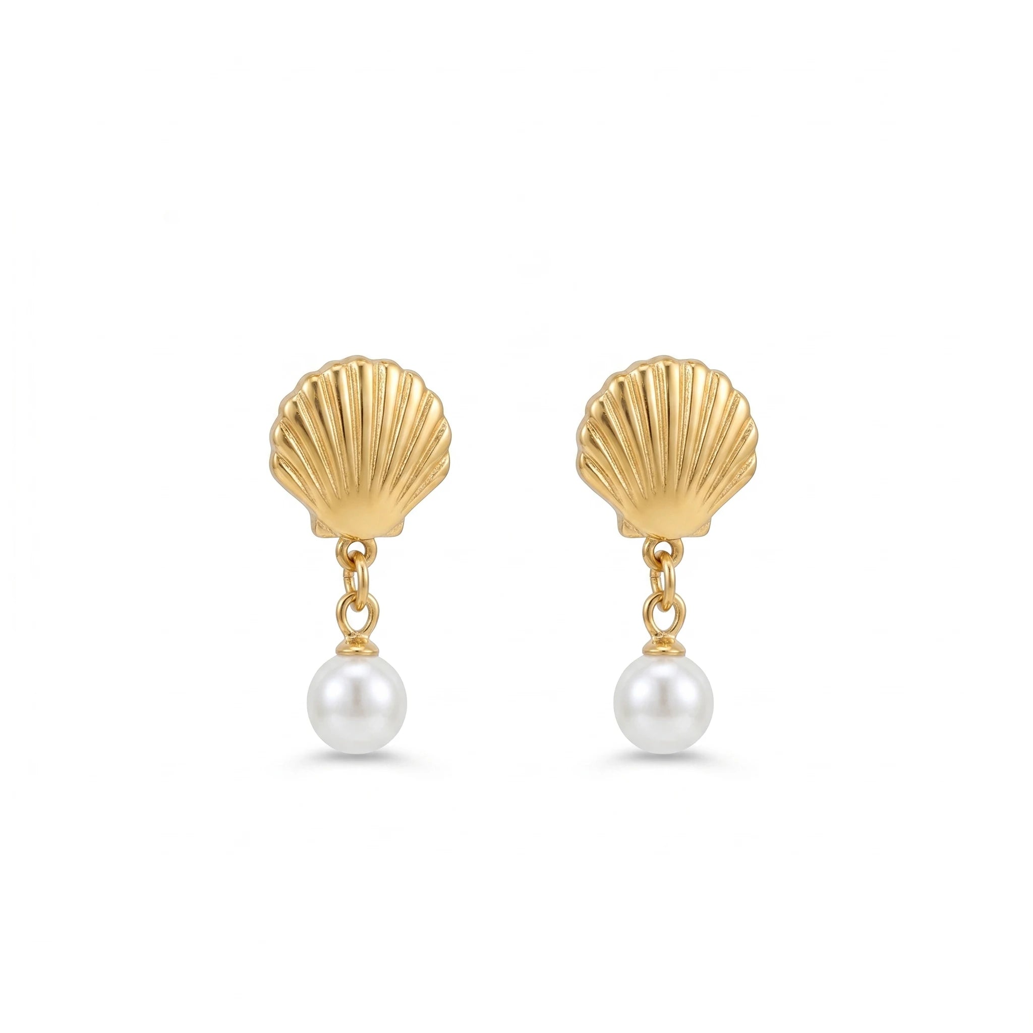 QIAOREN11786 18K Gold Plated Stainless Steel Sea  Earrings with Double Imitation Pearl Tassel Drop
